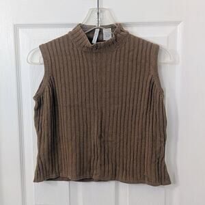 Via Seta Silk-Cashmere Ribbed Sleeveless Mock Neck Top – Brown – Size M